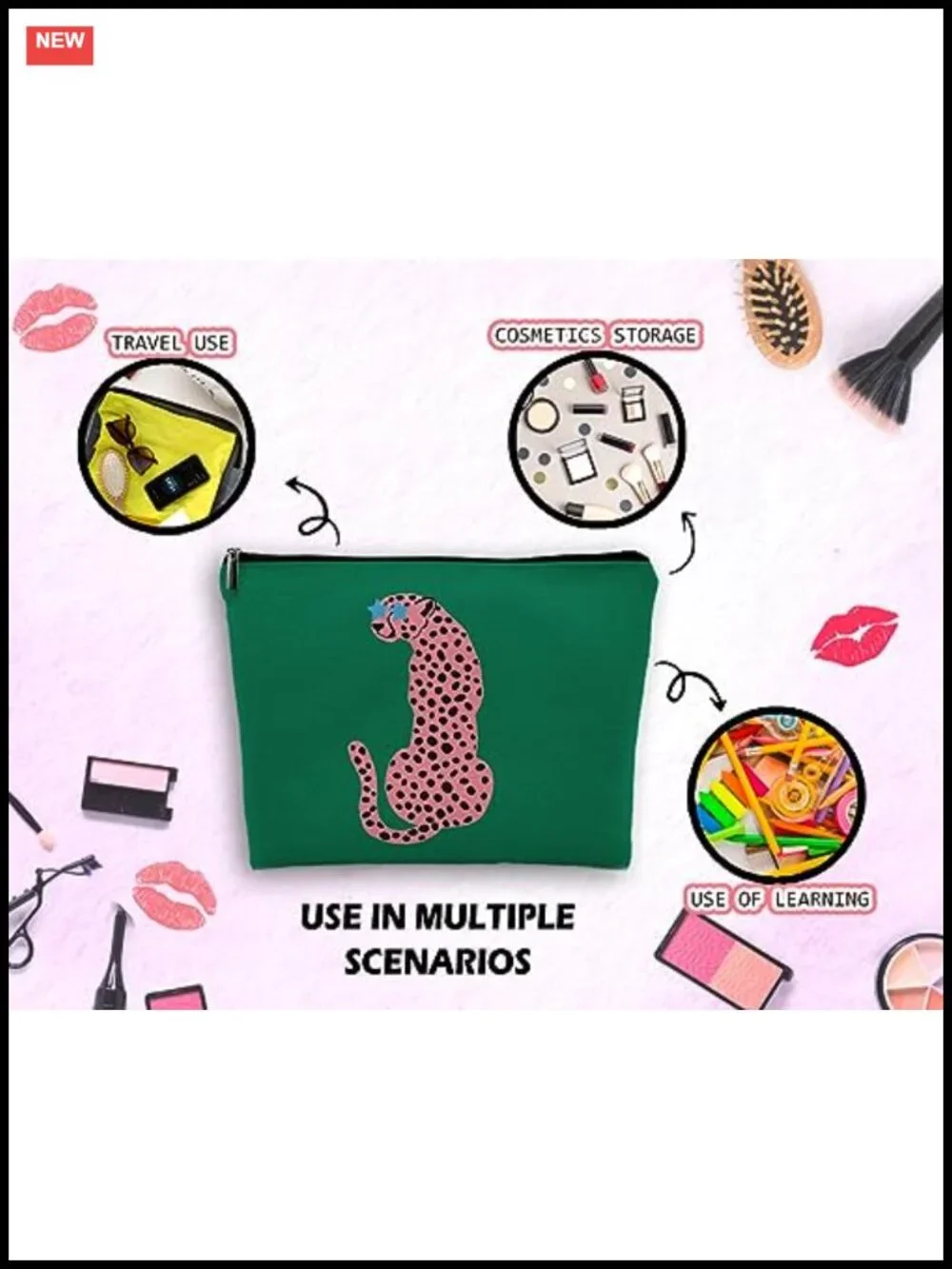 Leopard Print Cosmetic Bag Linen Makeup Organizer Pouch Travel